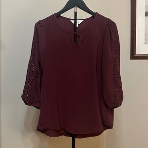Market & Spruce Burgundy Blouse with Eyelet Sleeves